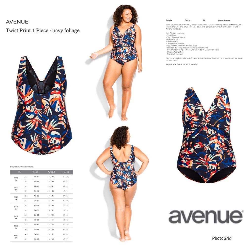 Avenue 26W plus size navy foliage twist print one piece swimsuit NWT